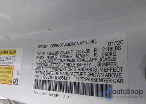 2020 Honda Accord Lx z USA, uszkodzony, nr VIN 1HGCV1F14LA054311